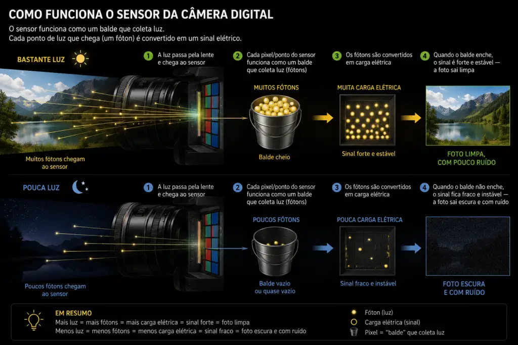 Infográfico do sensor como balde de luz: muita luz gera sinal forte e foto limpa; pouca luz, sinal fraco e ruído