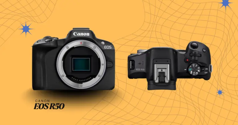 Canon EOS R50 vista de frente e de cima sobre fundo amarelo: a mirrorless de entrada analisada neste review