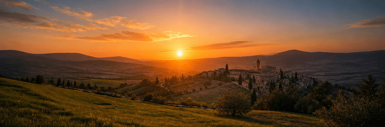 Paisagem toscana ao entardecer fotografada com lente 35mm: campo de visão amplo, colinas e vilarejo ao longe