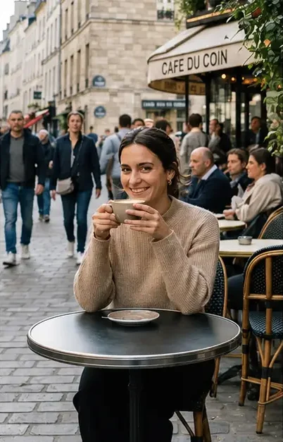 Retrato em um café fotografado com lente 35mm: ambiente e rua visíveis ao fundo