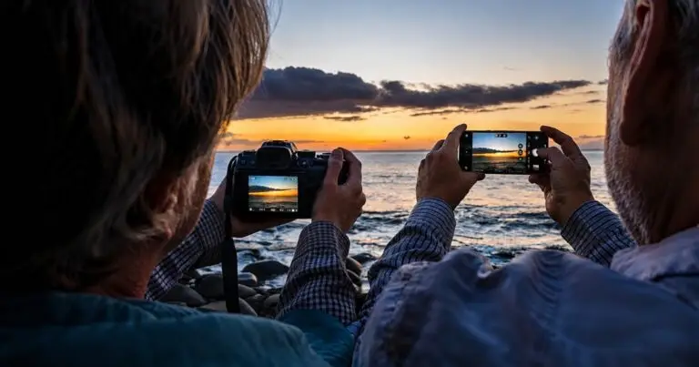 Câmera ou celular: câmera mirrorless ao lado de um smartphone, ilustrando a escolha entre os dois equipamentos