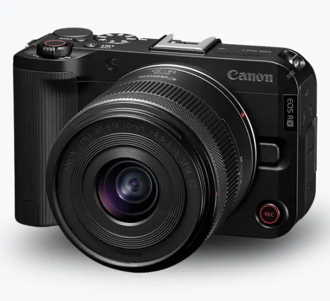 Câmera Canon EOS R50 V com lente RF-S 14-30mm para vídeo e streaming
