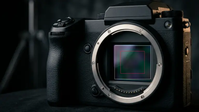Fator crop na prática: áreas de captura do sensor Full Frame e APS-C comparadas no sensor de uma câmera mirrorless