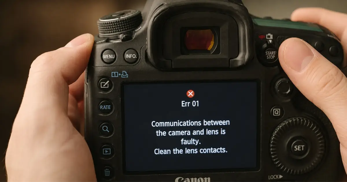 C&acirc;mera Canon exibindo o Err 01 no visor &mdash; um dos principais c&oacute;digos de erro Canon